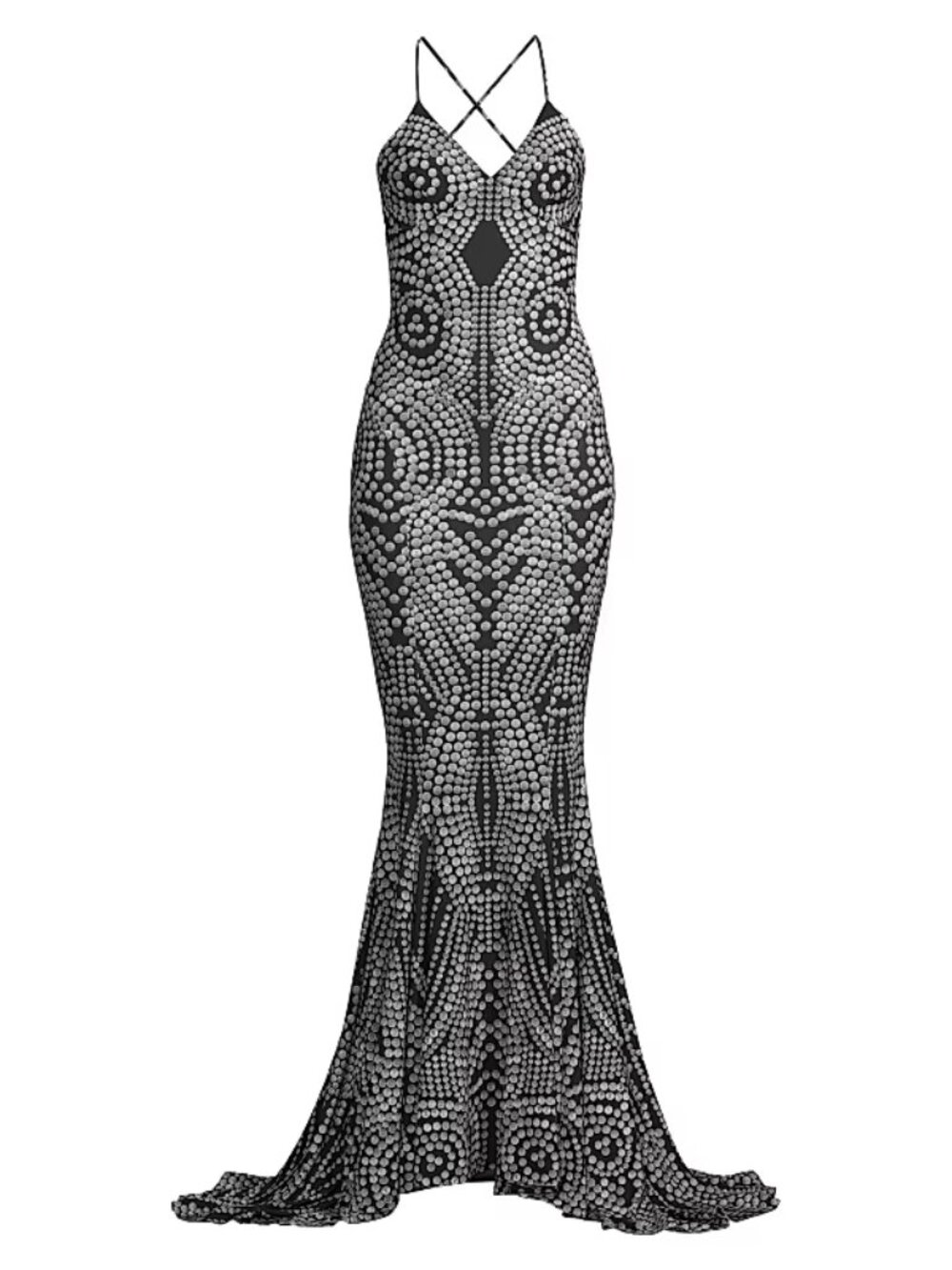 NORMA KAMALI LOW BACK SLIP MERMAID FISHTAIL GOWN BLACK STUD PRINT MEDIUM